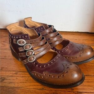 John Fluevog Brown and Burgundy Triple-Strap Wingtip Heels 10
